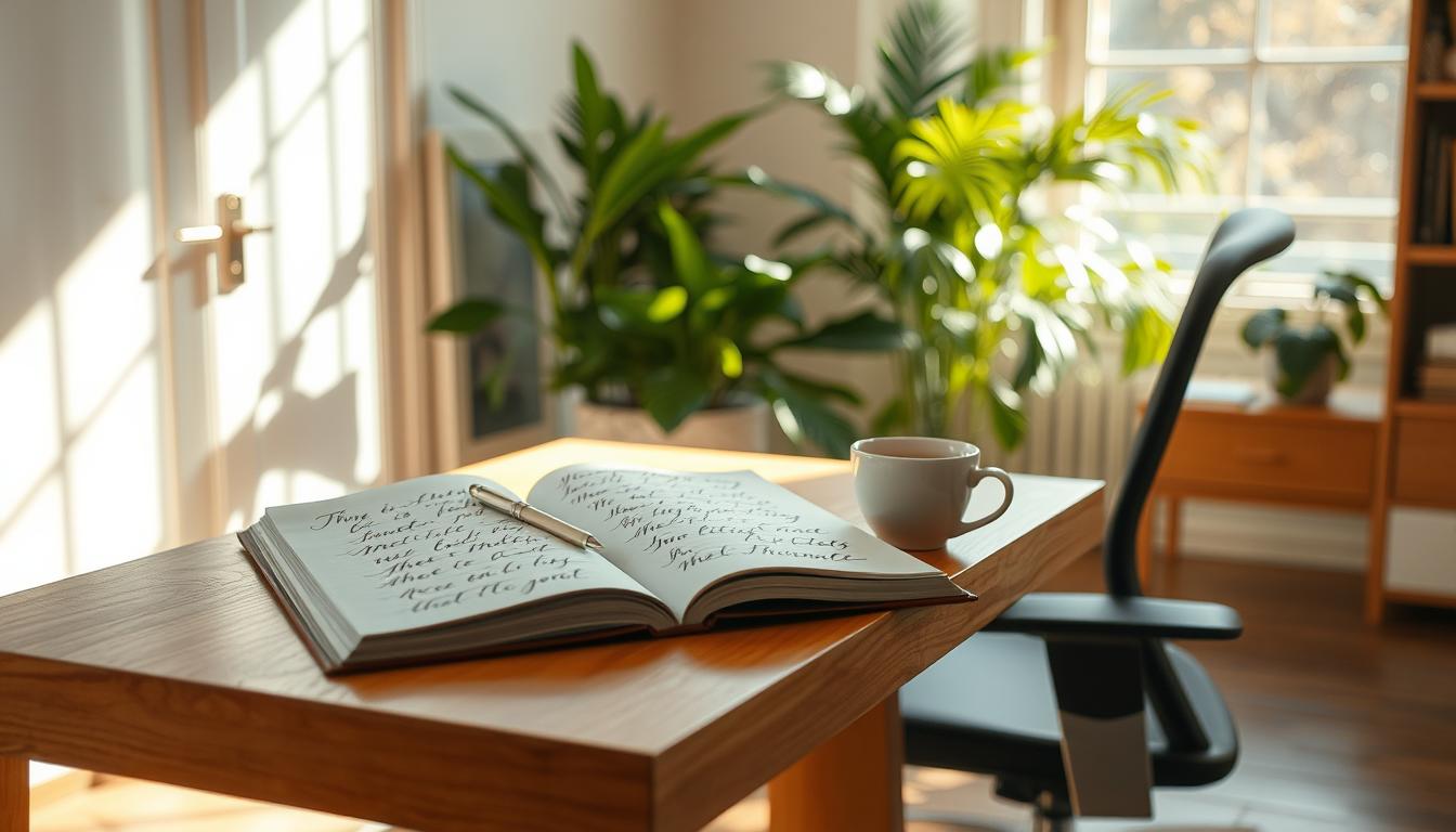 A spacious, well-lit home office with a large wooden desk and an ergonomic chair. On the desk, an open journal with a flowing cursive script, a pen, and a cup of steaming tea. Sunlight streams through a nearby window, casting a warm, soft glow over the scene. The atmosphere is calm and introspective, with a sense of mindfulness and focus. In the background, lush green plants and a simple, minimalist decor create a soothing, zen-like ambiance. The overall composition conveys the idea of a peaceful, contemplative space for mindful journaling and stress reduction.