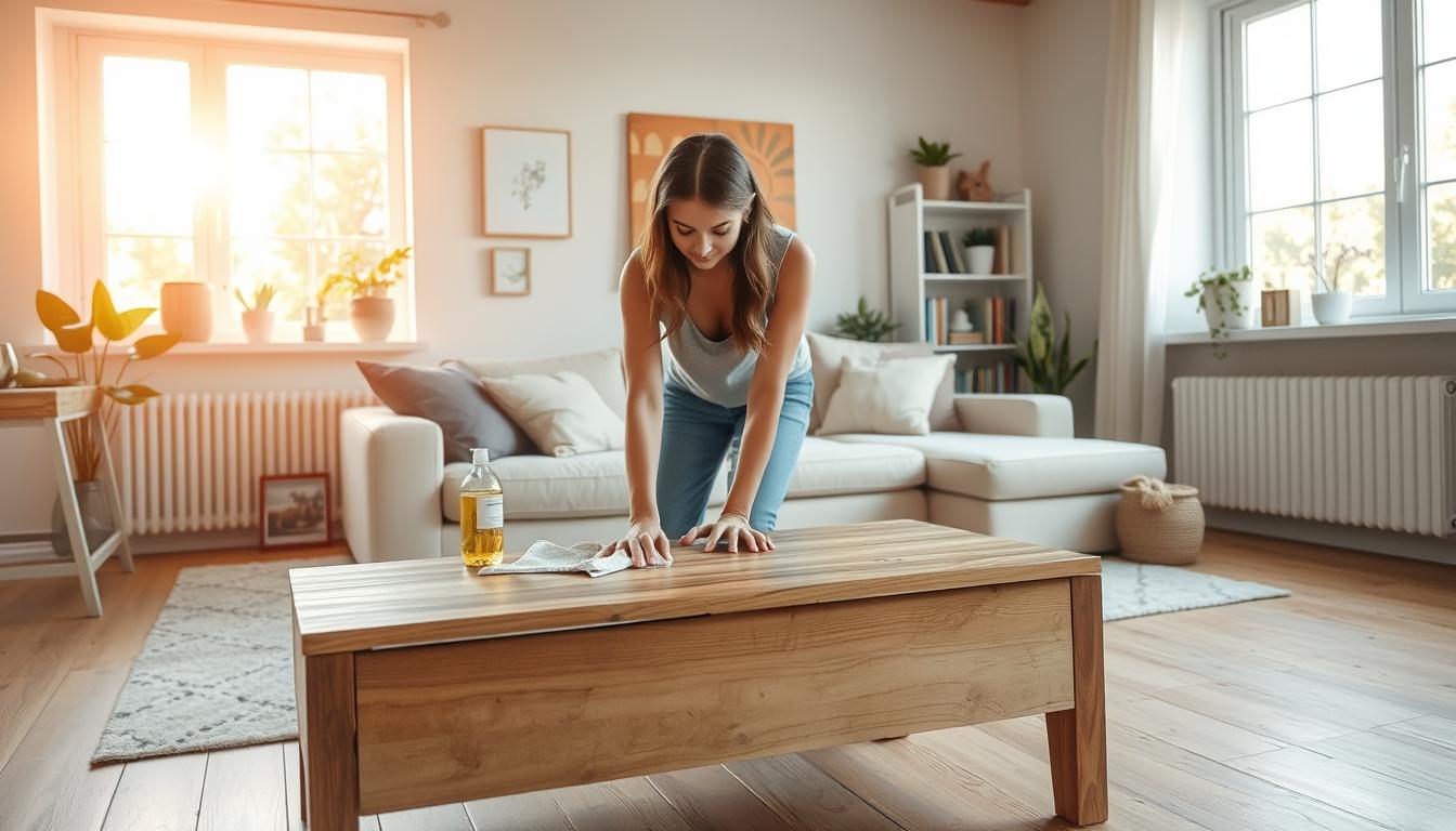 A bright, airy living room with natural light streaming in through large windows. In the foreground, a young woman in casual attire mindfully cleans a wooden coffee table, using a soft cloth and all-natural cleaning products. Behind her, the room is neatly organized, with books, plants, and decorative accents arranged in a visually pleasing manner. The walls are painted in a calming, neutral color palette, and the wooden floors are freshly swept. The atmosphere is one of tranquility and mindfulness, inviting the viewer to experience the joy of a clean, harmonious living space.
