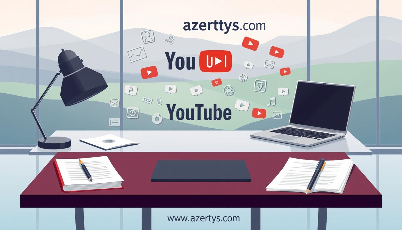 A stylized illustration depicting the legal and ethical regulations of YouTube, showcasing a serene yet formal atmosphere. The foreground features a modern desk with a laptop, stylus, and legal documents, conveying a sense of professionalism and attention to detail. The middle ground showcases various YouTube icons and symbols subtly integrated, representing the platform's influence. The background features a muted, gradient-based landscape, with the www.azertys.com brand name discreetly incorporated, creating a balanced and visually appealing composition.