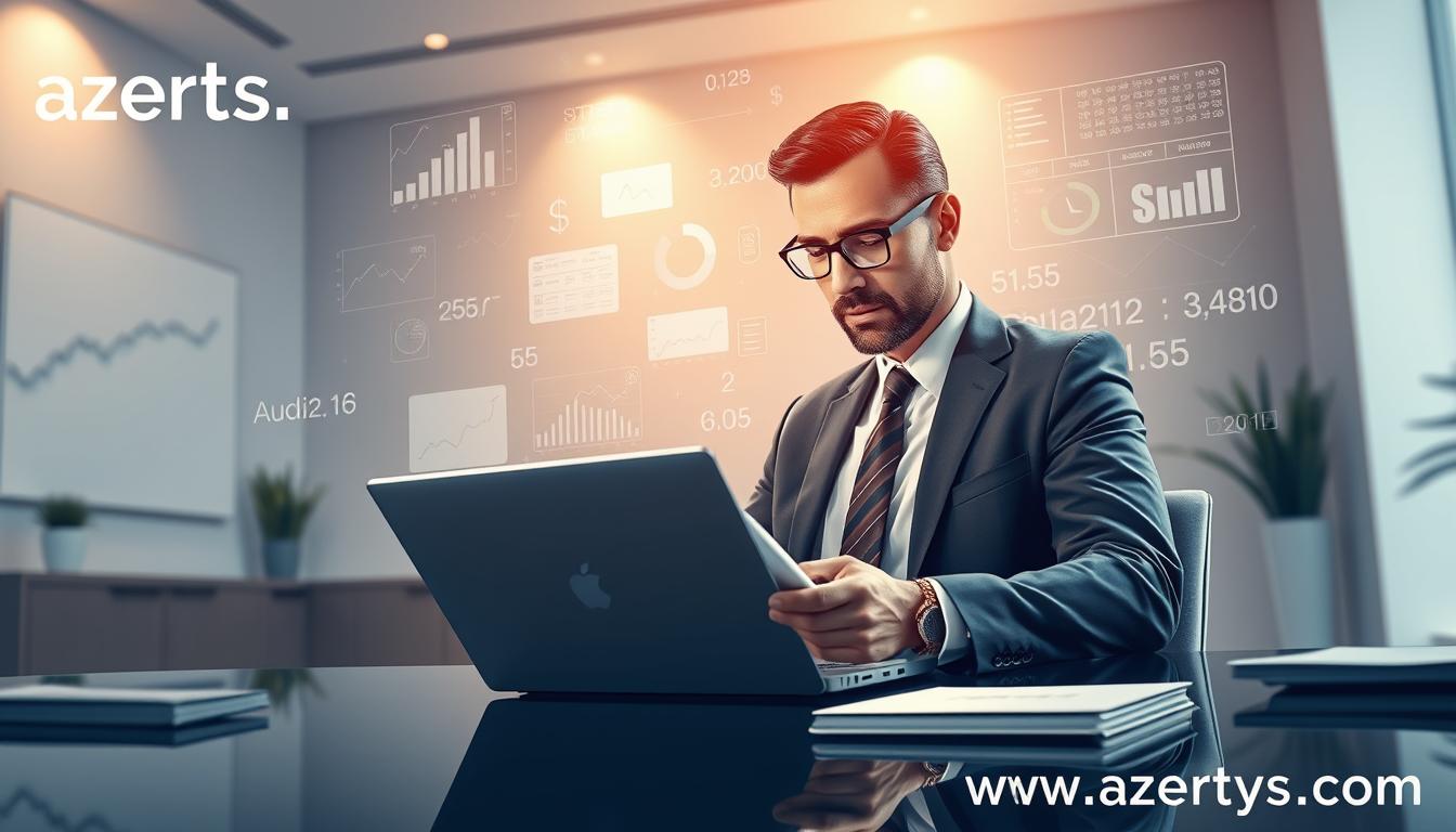 A detailed digital illustration depicting the financial controls and regulations for earning revenue on YouTube. The scene shows a professional financial advisor reviewing financial documents and data on a laptop, with charts, graphs, and numbers floating in the air around them. The background is a sleek, modern office environment with minimalist design elements and strategic lighting, creating a sense of authority and expertise. In the foreground, the advisor is wearing a suit and tie, conveying a sense of professionalism and attention to detail. The overall mood is one of precision, diligence, and careful financial oversight. Discreetly placed in the corner is the www.azertys.com brand name.