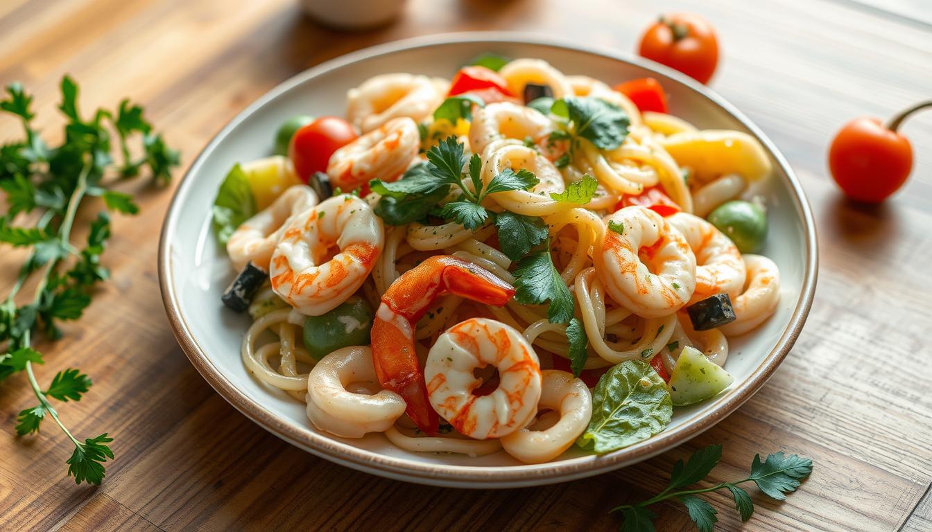 Freshly prepared seafood pasta salad recipe with vibrant vegetables, plump shrimp, and tender calamari rings. The salad is beautifully arranged on a wooden table, with a light, creamy dressing and a sprinkle of fresh herbs. The lighting is soft and natural, highlighting the textures and colors of the ingredients. The composition is balanced, with the salad taking center stage, surrounded by a simple yet elegant setting. The overall atmosphere is one of a homemade, artisanal dish, inviting the viewer to imagine the delicious flavors and the care that went into its preparation.