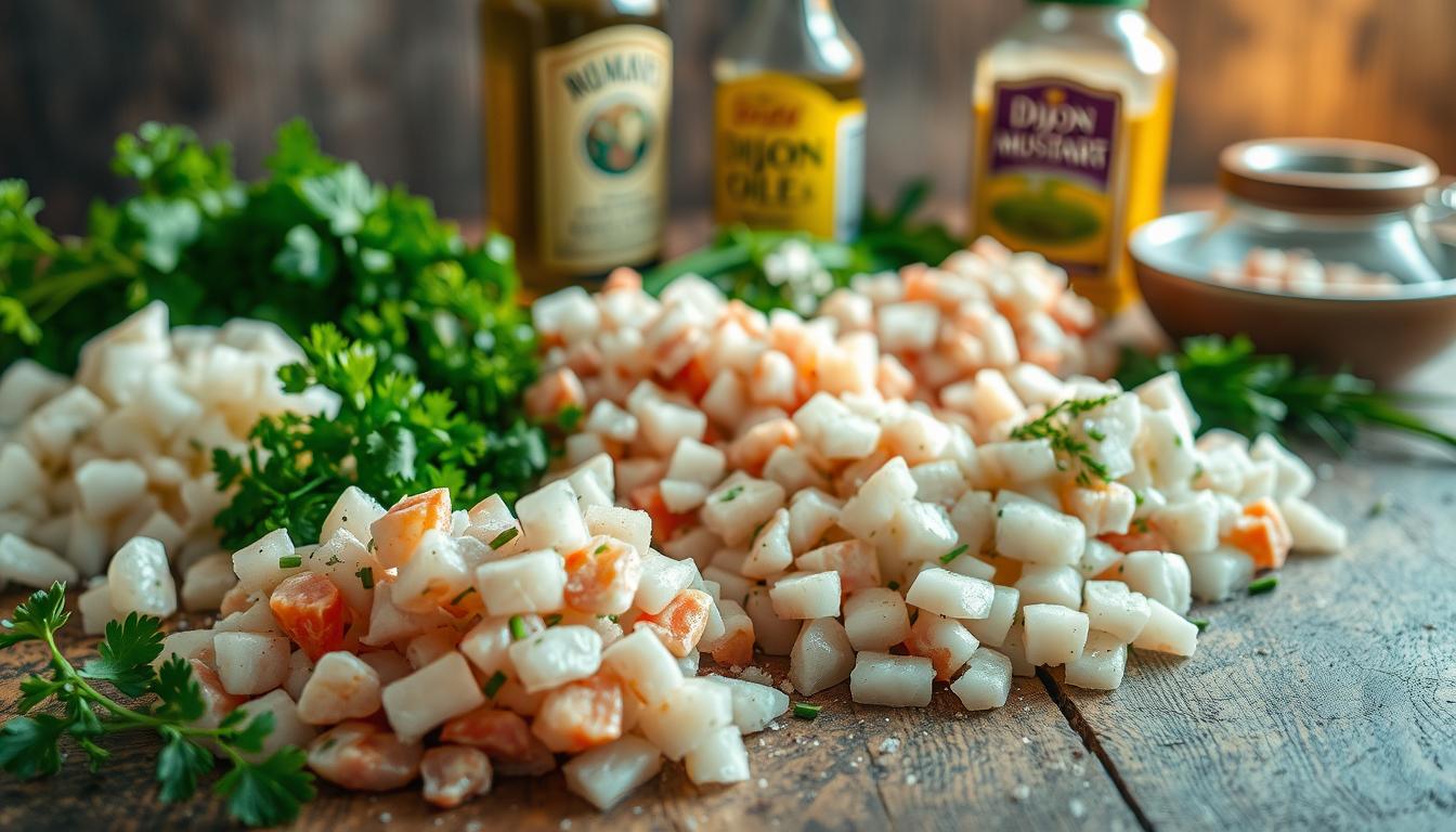 A close-up shot of an assortment of fresh seafood ingredients for a savory dressing, arranged on a rustic wooden table. In the foreground, a vibrant array of shelled shrimp, diced scallops, and chopped crab meat lie in individual piles. The middle ground features a variety of chopped herbs, such as parsley, dill, and chives, as well as a drizzle of lemon juice and a sprinkle of sea salt. In the background, a bottle of extra virgin olive oil and a jar of Dijon mustard stand ready to complete the dressing. The lighting is warm and natural, casting a soft glow over the scene, and the angle is slightly tilted to create a sense of depth and movement. The overall mood is one of culinary inspiration and the promise of a delicious seafood-based creation.