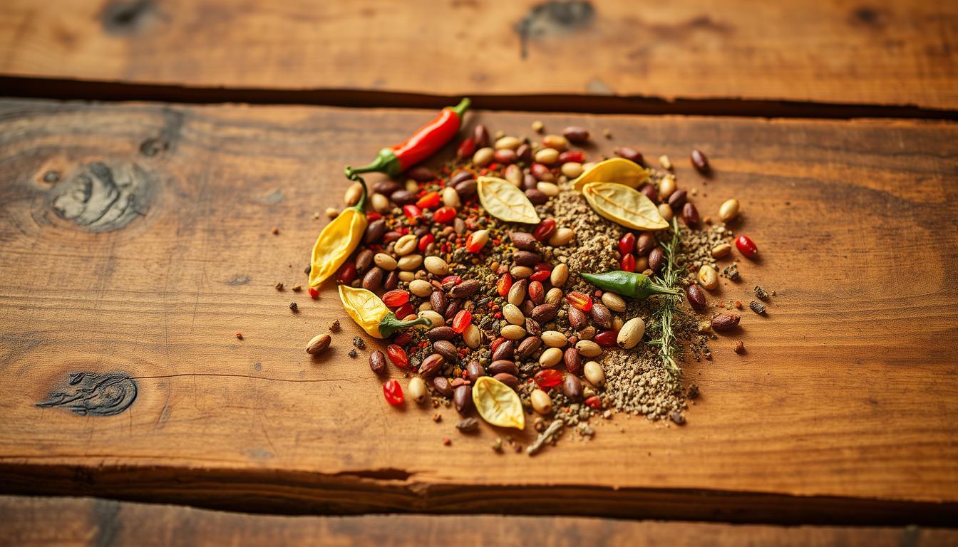 A rustic wooden table, its weathered surface illuminated by warm, natural lighting. Atop the table, an arrangement of vibrant seafood boil seasonings - a medley of dried chili peppers, whole bay leaves, fragrant peppercorns, and aromatic herbs like thyme and oregano. The spices are scattered haphazardly, as if just plucked from a well-used spice rack. The image has a cozy, homemade feel, capturing the essence of a flavorful seafood boil preparation. The composition is slightly off-center, adding a sense of casual authenticity. The overall mood is one of inviting culinary exploration, ready to inspire the creation of a mouthwatering seafood dish.