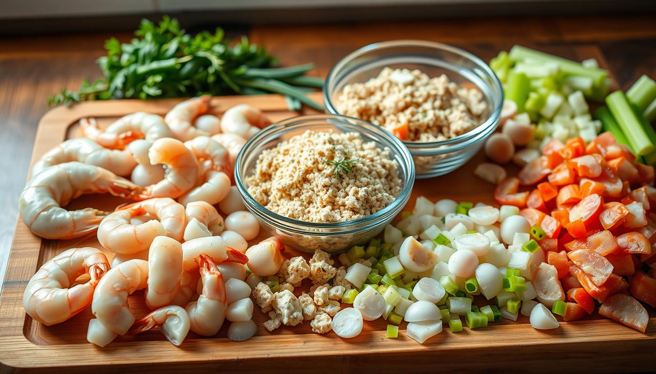 A large wooden cutting board sits atop a rustic kitchen counter, surrounded by a variety of fresh seafood ingredients. In the foreground, plump shrimp, tender scallops, and delicate crab meat are neatly arranged, ready to be expertly chopped and combined. Alongside them, a pile of freshly diced onions, celery, and bell peppers add vibrant pops of color. In the middle ground, a glass bowl filled with a creamy, fragrant mixture of breadcrumbs, herbs, and spices awaits the addition of the seafood. The scene is bathed in warm, natural lighting that casts a subtle glow, creating an inviting and appetizing atmosphere. The overall composition suggests a skilled chef's workspace, where the preparation of a delectable seafood dressing is about to unfold.