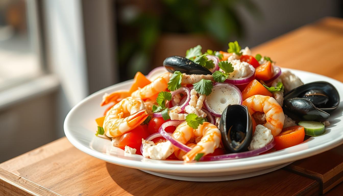 High quality, detailed photo of a fresh summer seafood salad arranged elegantly on a white plate. The salad features a mix of chilled cooked shrimp, flaky crab meat, briny mussels, tender octopus, and crisp vegetables like juicy tomatoes, crunchy cucumbers, and tangy red onions. The seafood is glistening and the vegetables are vibrant with color. The salad is dressed in a light, tangy vinaigrette that brings all the flavors together harmoniously. The plate is set against a soft, blurred background with warm, natural lighting that casts a summery glow. The camera angle is slightly elevated to showcase the beautiful arrangement of the salad components.
