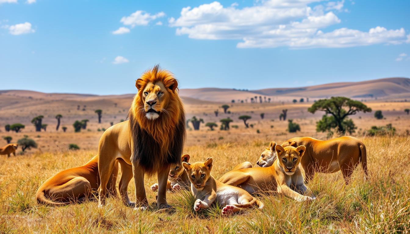 A majestic lion pride stands strong in the sun-dappled savanna. In the foreground, a powerful male lion surveys his domain, his mane a wild, golden halo. Surrounding him, lionesses rest in the tall grass, their tawny coats gleaming. In the middle ground, a pair of playful cubs tumble and wrestle, their carefree antics a testament to the pride's unity. The background stretches out in a panorama of rolling hills, dotted with acacia trees and a cloudless, azure sky. The scene radiates an aura of strength, grace, and the timeless rhythm of life on the African plains.