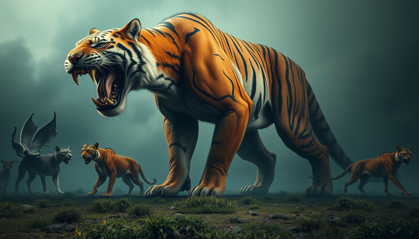 A vast, prehistoric landscape stretches before a towering, extinct feline creature. In the foreground, the massive, muscular form of a saber-toothed tiger dominates the scene, its massive fangs bared and powerful limbs poised to strike. In the middle ground, other giant cats from the Pleistocene era prowl, their sleek, powerful bodies dwarfing modern species. The background is shrouded in a moody, atmospheric haze, suggesting the vast, untamed wilderness that these apex predators once ruled. Dramatic, cinematic lighting casts dramatic shadows and highlights the sheer scale and ferocity of these long-vanished giants of the feline family.