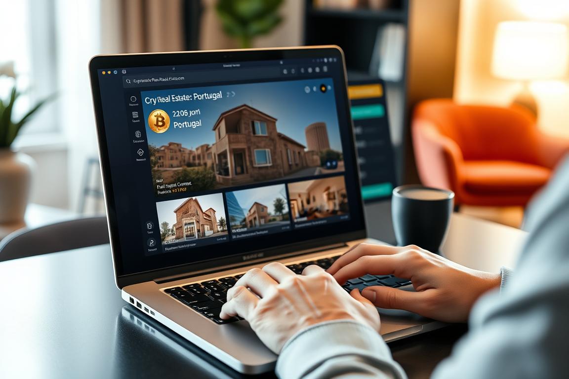 Person using laptop to browse crypto real estate platforms