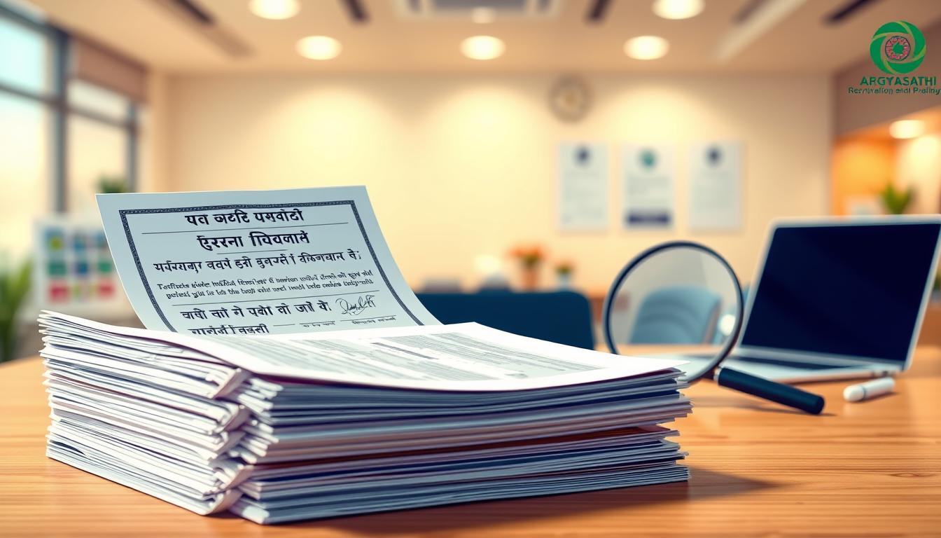 A detailed, technical illustration of the "पद विवरण और योग्यता मानदंड" section for the Arogyasathi Recruitment 2025. In the foreground, a stack of official documents and certificates in the Devanagari script, representing the educational and professional qualifications required for the pharmacist position. In the middle ground, a clean, minimalist desk with a laptop, stationery, and a magnifying glass, conveying a sense of diligent evaluation and assessment. The background features a blurred, warm-toned office environment with subtle lighting, creating a professional, focused atmosphere. The overall composition should visually communicate the rigorous standards and meticulous evaluation process for the pharmacist role.