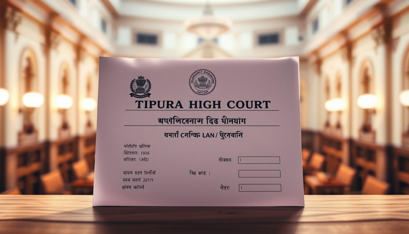 A detailed administrative document displayed on a wooden desktop, illuminated by warm, directional lighting. The document features the Tripura High Court's official insignia and title "Application Fee Payment" in both English and Bengali scripts. The background showcases a blurred, ornate architectural interior, conveying the grandeur and authority of the legal institution. The composition emphasizes the formality and importance of the payment process, inviting the viewer to engage with this crucial step in the Tripura High Court recruitment application.