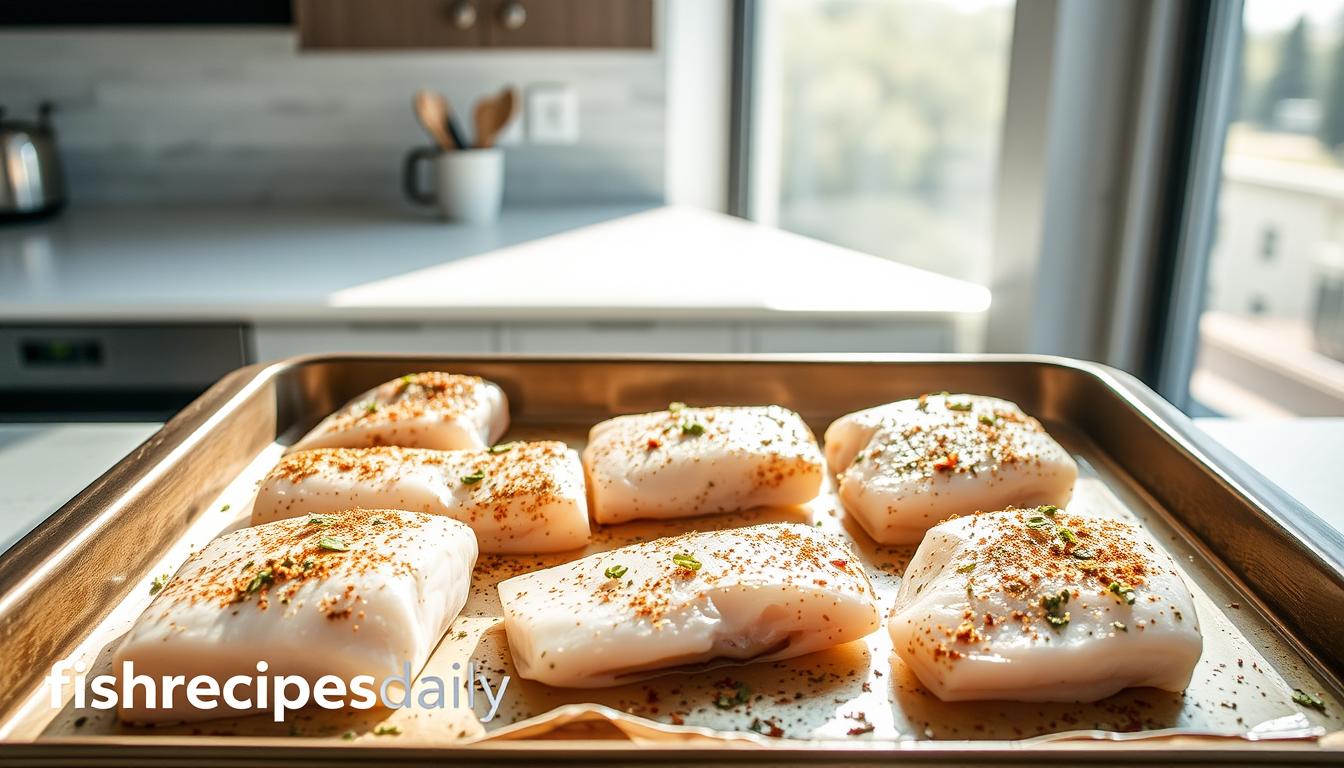 A high-quality image of tilapia fillets being prepared for baking in a modern kitchen. The fillets are arranged on a baking sheet, seasoned with herbs and spices, and ready to be placed in a preheated oven at 375°F. Bright natural lighting from a large window illuminates the scene, casting soft shadows and highlighting the texture of the fish. The overall mood is clean, fresh, and focused on the culinary preparation process. Includes the "fishrecipesdaily" logo subtly incorporated into the background.