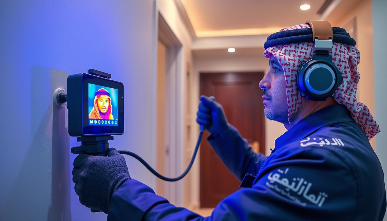 فني يستخدم أجهزة متطورة للكشف عن تسربات المياه في منزل بالرياض