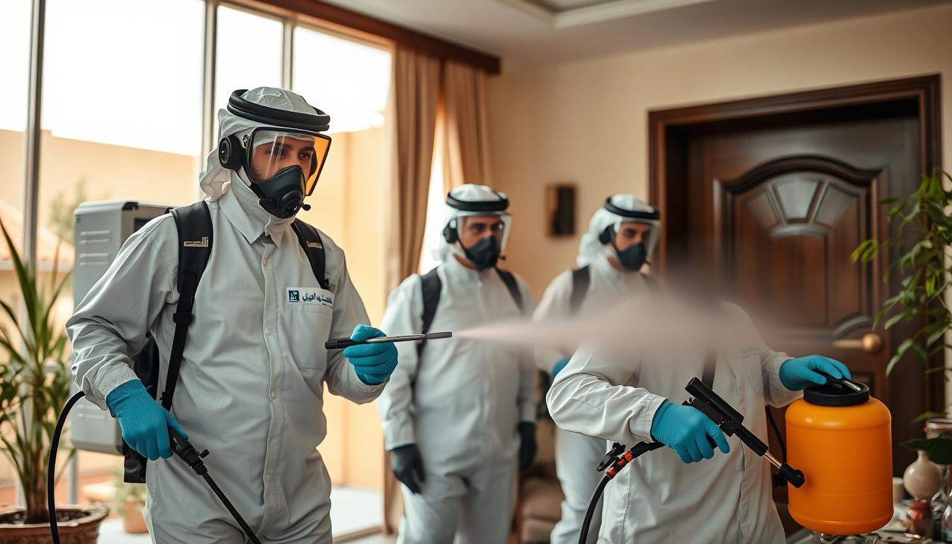 فريق شركة رش حشرات بخميس مشيط المحترف أثناء عملية مكافحة الآفات
