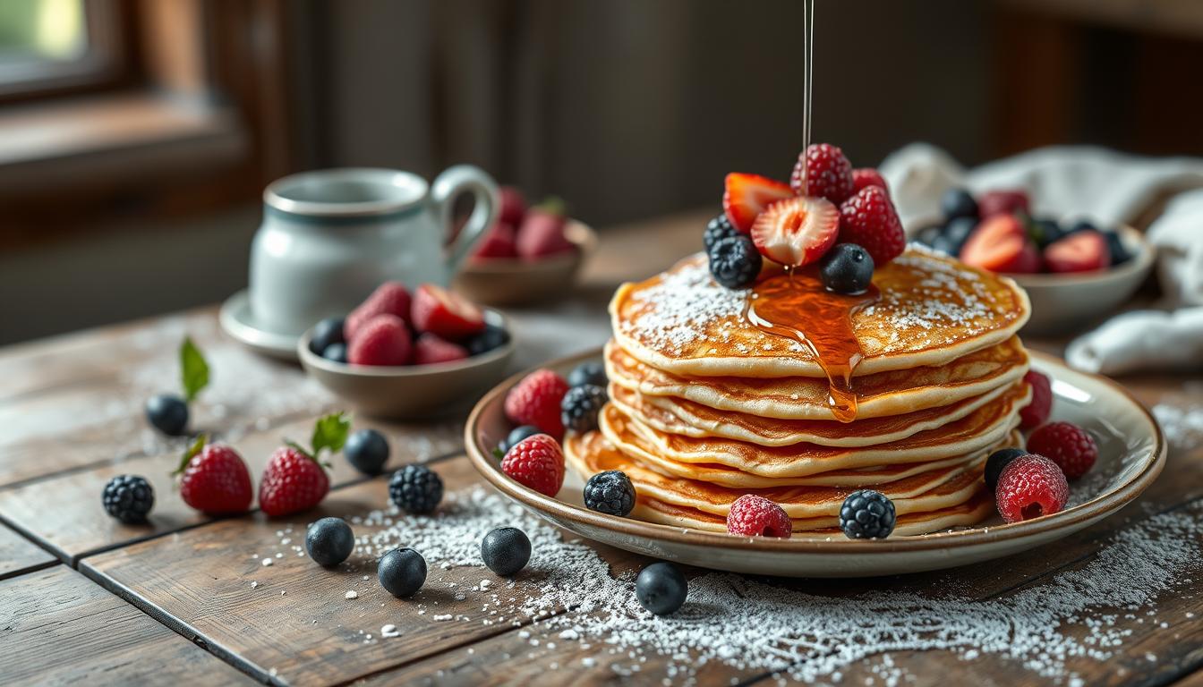 A delicate stack of golden-brown Pfannkuchen (German pancakes) being elegantly served on a rustic wooden table. The pancakes are garnished with a vibrant array of fresh berries, a drizzle of maple syrup, and a light dusting of powdered sugar. Soft, diffused natural lighting illuminates the scene, casting a warm and inviting glow. The arrangement is carefully composed, with the pancakes taking center stage, surrounded by an artful selection of accompaniments. The overall mood is one of understated elegance and simplicity, perfectly capturing the essence of this classic German dish.