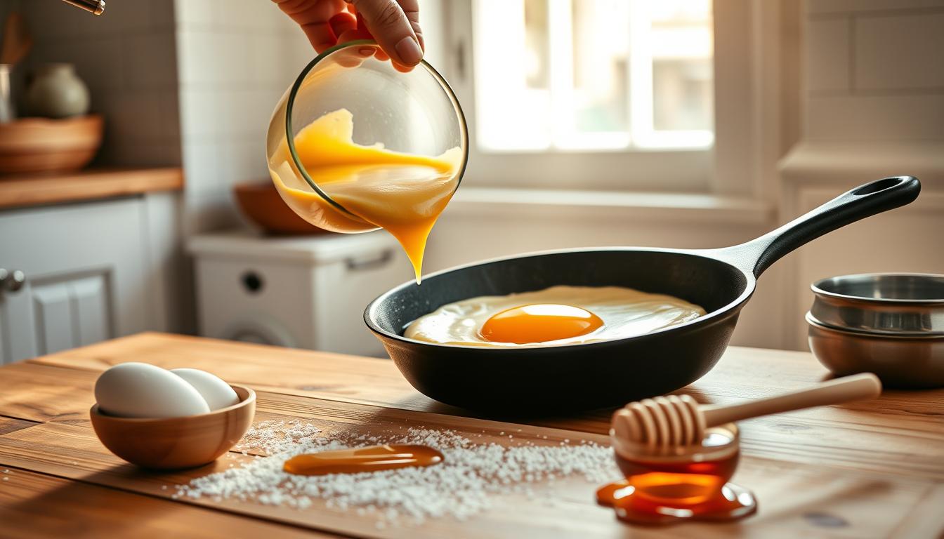 An elegant kitchen scene, bathed in warm, natural light filtering through a window. In the foreground, a skilled hand expertly pours golden batter onto a well-seasoned cast-iron skillet, effortlessly spreading it into a perfect circle. The pan sizzles gently, the aroma of freshly cooked Pfannkuchen filling the air. In the middle ground, a simple wooden table is set with a few basic ingredients - a single farm-fresh egg, a dusting of powdered sugar, and a drizzle of rich, amber honey. The background features a clean, minimalist aesthetic, allowing the focus to remain on the artful preparation of this delectable 1-egg Pfannkuchen.