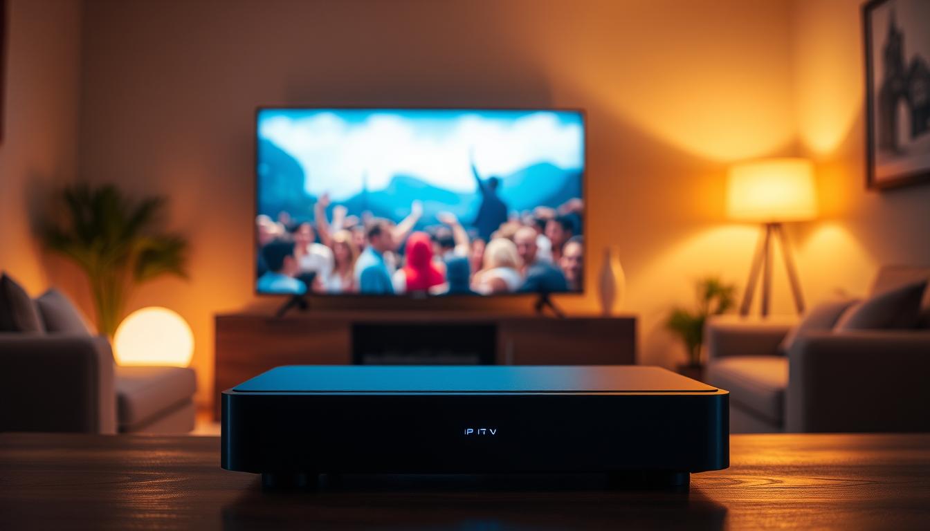 A sleek, modern IPTV set-top box stands prominently in the foreground, its minimalist design and glowing LED indicators hinting at the advanced technology within. In the middle ground, a vibrant, high-definition television displays a captivating movie scene, immersing the viewer in a cinematic experience. The background is a cozy, dimly lit living room, creating a relaxed and inviting atmosphere for enjoying the latest entertainment. Warm, directional lighting illuminates the scene, casting subtle shadows and highlights that accentuate the elegant simplicity of the IPTV setup. The overall composition conveys the transformative power of IPTV, revolutionizing home entertainment with its seamless integration of cutting-edge technology and boundless content possibilities.