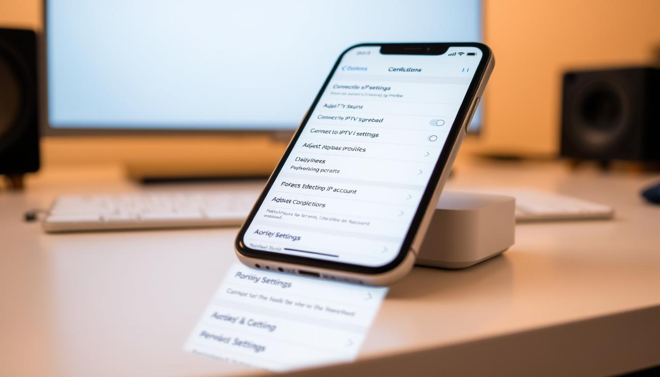 Detailed close-up of a modern smartphone screen displaying the configuration settings for an IPTV service. The foreground features the iPhone's UI with various menus and options for connecting to the IPTV provider, adjusting playback settings, and managing accounts. The middle ground shows the device resting on a minimalist desk or surface, with a soft, warm lighting creating a professional, technical atmosphere. The background is subtly blurred, keeping the focus on the device's screen and UI elements. The overall composition conveys a sense of user-friendly, streamlined IPTV setup on an Apple device.
