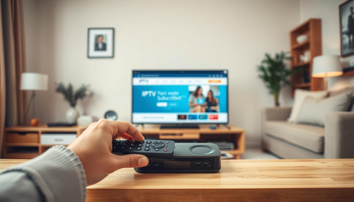 A well-lit, step-by-step guide to IPTV installation. In the foreground, a hands-on tutorial with a modern smart TV and streaming device, showing the setup process. In the middle ground, a laptop or tablet displaying the IPTV provider's website and subscription details. In the background, a cozy living room setting with minimal decor, creating a calm, instructional atmosphere. Crisp, high-resolution photography with a slight wide-angle lens, capturing the entire scene in sharp focus. The overall mood is informative and helpful, guiding the viewer through the installation journey.