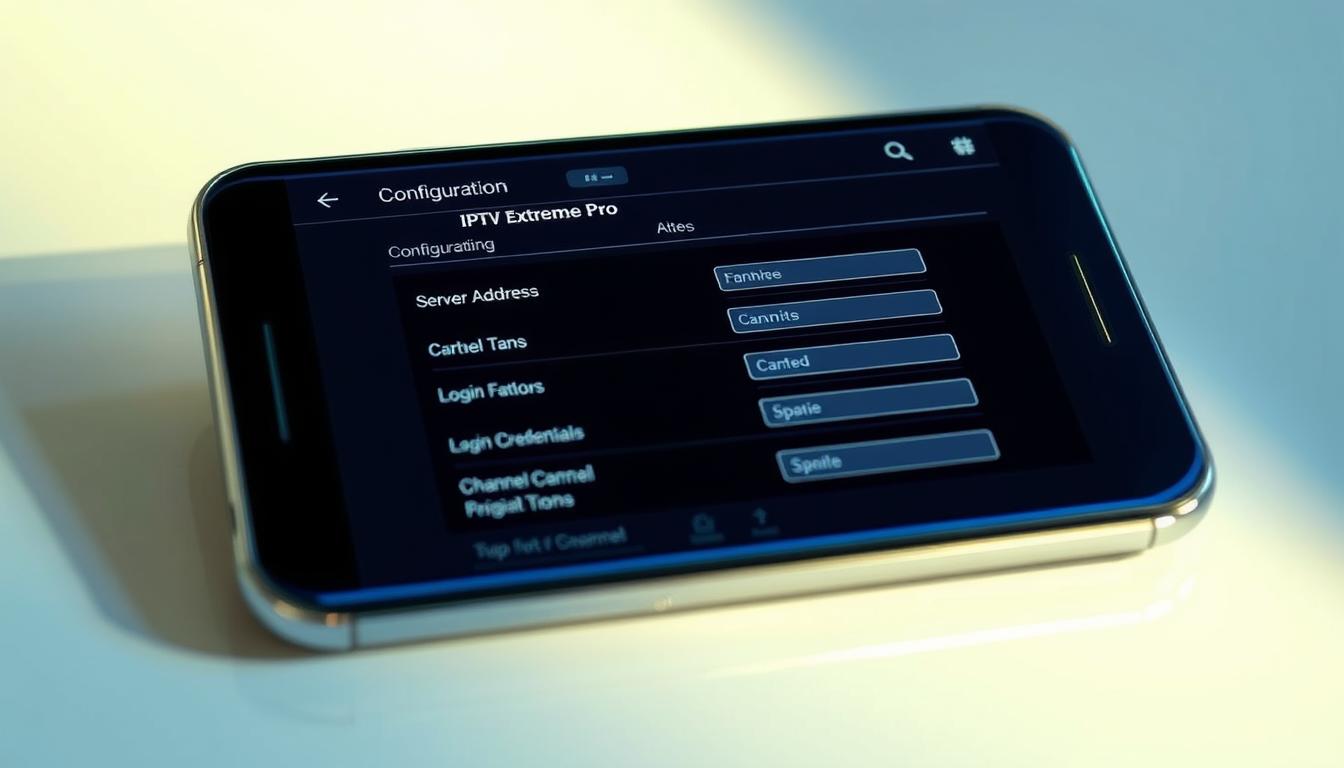A sleek, modern mobile device displaying the IPTV Extreme Pro configuration interface. The device is rendered in high detail, with a seamless glass screen and a premium metal body. The interface shows a clean, intuitive layout of settings and options for managing IPTV Spain playlists, including server addresses, login credentials, and channel listings. The screen is illuminated by soft, directional lighting, creating depth and highlighting the interface elements. The background is blurred, placing the focus entirely on the device and the IPTV Extreme Pro configuration. The overall scene conveys a sense of professionalism and technological sophistication, reflecting the "Domina las mejores aplicaciones para gestionar listas IPTV España" section of the article.