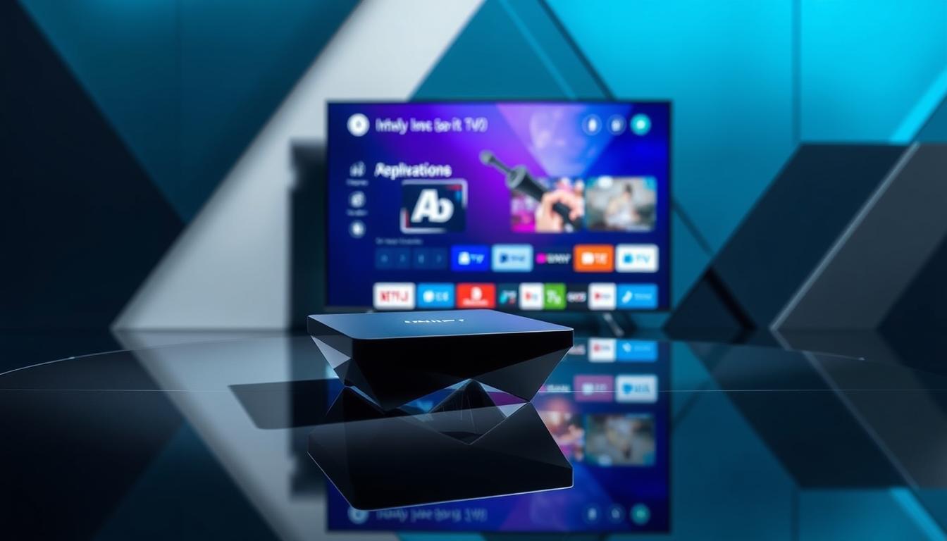 A sleek, modern technology-themed image showcasing the innovations of HN IPTV7. In the foreground, a high-tech streaming device with a minimalist, angular design sits atop a reflective glass surface, casting a sharp, futuristic shadow. The middle ground features a digital display showcasing a crisp, vibrant user interface, highlighting the service's cutting-edge features. In the background, a backdrop of bold, geometric shapes in shades of blue and grey creates a sense of depth and technical sophistication. Subtle, directional lighting casts dramatic shadows, emphasizing the clean lines and sharp edges of the devices and UI. The overall mood is one of refined, state-of-the-art technology that embodies the "innovación y tecnología de vanguardia" of HN IPTV7.