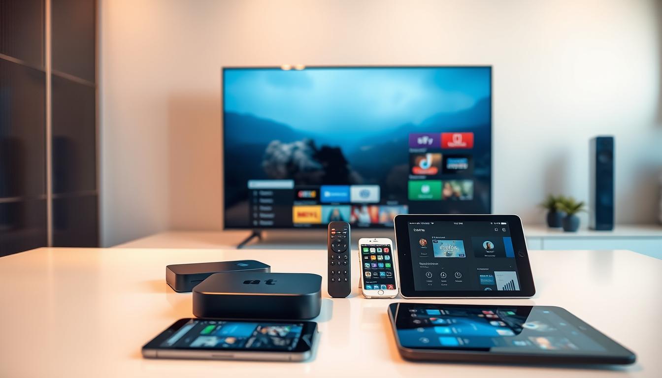 A well-lit, contemporary scene depicting an array of modern IPTV devices arranged on a sleek, minimalist table. In the foreground, a state-of-the-art smart TV, an ultra-compact streaming box, and a sophisticated IPTV set-top box with an intuitive remote control. In the middle ground, several mobile devices such as tablets and smartphones showcasing IPTV apps and interfaces. The background features a clean, neutral-toned wall, creating a sense of simplicity and focus on the technological solutions. The overall mood is one of efficiency, convenience, and the seamless integration of IPTV technology into the modern home entertainment setup.