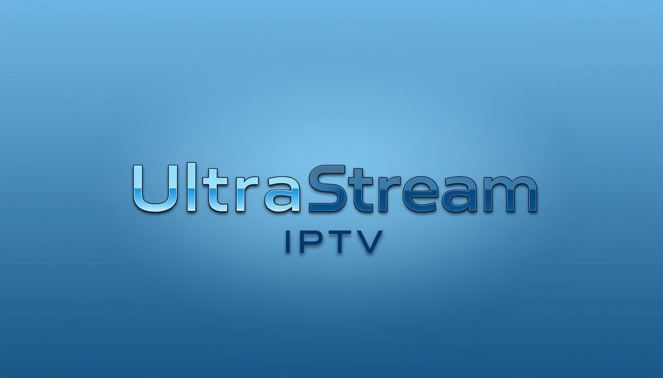 A stylish and modern IPTV service logo with a clean and minimalist design. The logo features the text "UltraStream IPTV" in a bold, futuristic typeface with a subtle gradient effect, giving it a sleek and high-tech appearance. The background is a soft, muted shade of blue, creating a calming and professional atmosphere. The overall composition is well-balanced, with the logo centrally positioned and surrounded by a subtle, abstract pattern or texture that adds depth and visual interest to the image.