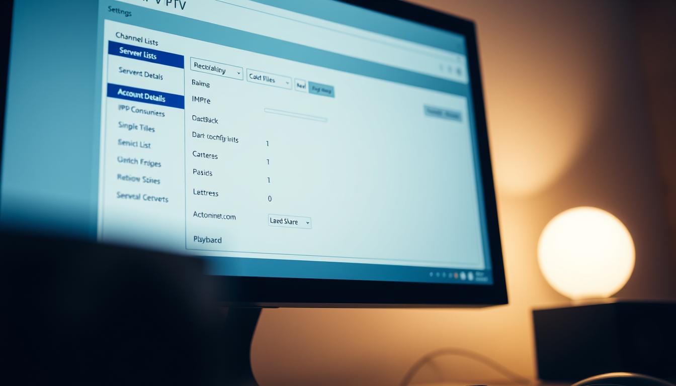 Detailed close-up view of a computer desktop screen displaying a comprehensive IPTV configuration interface. The screen shows various settings and options for setting up an IPTV service, including server address, channel lists, account details, and playback controls. The interface has a clean, intuitive design with a minimalist color palette of blues, grays, and whites. The scene is illuminated by soft, diffused lighting that creates a sense of focus and clarity. The overall atmosphere conveys a sense of professionalism and technical expertise required for properly configuring an IPTV service.