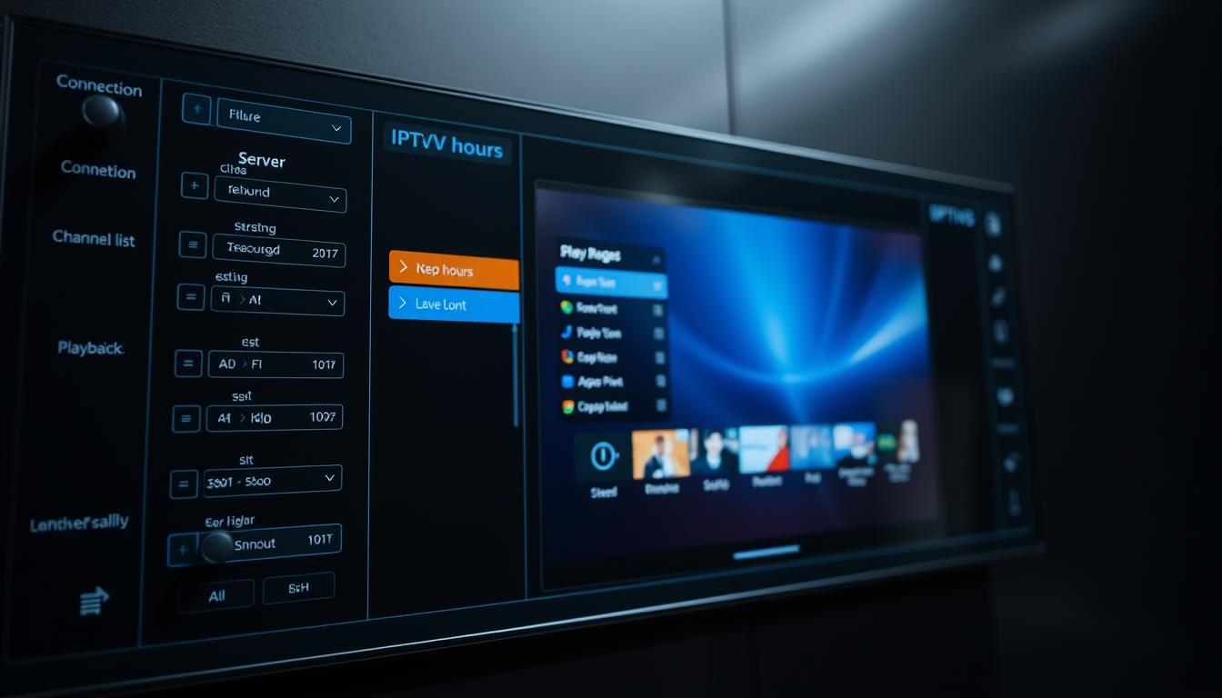 A technical configuration panel for an IPTV service, featuring a sleek and intuitive user interface. The foreground displays various controls and settings, such as server connections, channel lists, and playback options. The middle ground showcases a live preview of the IPTV content, with a crisp and vibrant display. The background is a minimalist, dark-themed design, creating a professional and modern atmosphere. The lighting is soft and evenly distributed, highlighting the details of the interface. The camera angle is slightly angled, providing a dynamic and engaging perspective. The overall composition conveys a sense of effortless control and customization for the IPTV48 hours service.