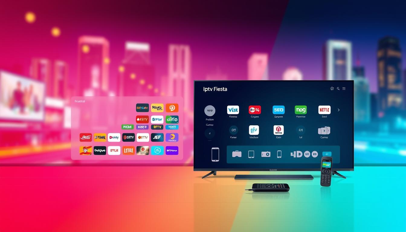 A captivating digital illustration showcasing "IPTV Fiesta instalación", set against a vibrant and dynamic backdrop. The image should depict a sleek, modern user interface with clean lines and a minimalist aesthetic. The foreground should feature an intuitive dashboard displaying a comprehensive array of Spanish television channels, highlighting the breadth and depth of the IPTV Fiesta service. The middle ground should showcase various device icons, such as smart TVs, smartphones, and tablets, emphasizing the cross-platform compatibility of the IPTV Fiesta solution. The background should be a subtly blurred cityscape, suggesting the ubiquity and accessibility of the IPTV Fiesta platform across Spain. The overall mood should convey a sense of technological sophistication, convenience, and the seamless integration of television entertainment into everyday life.