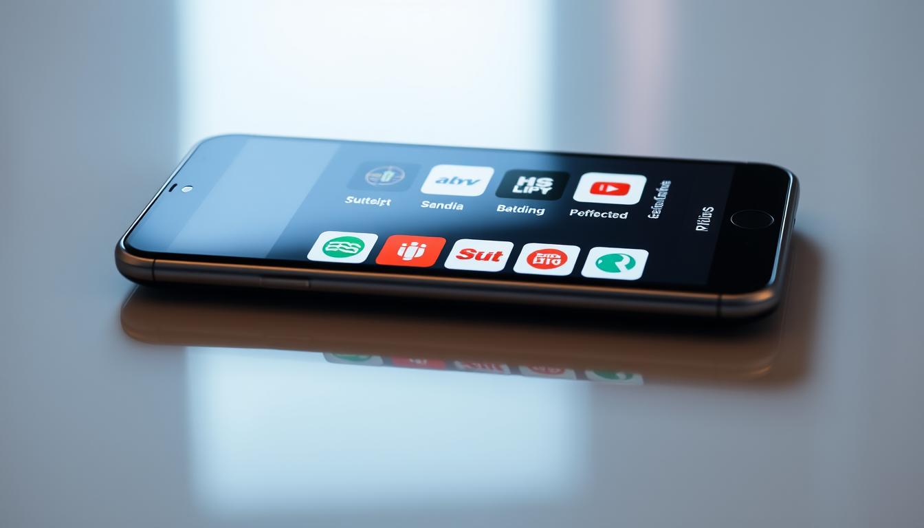 A professional-looking image of various IPTV apps displayed on a modern, sleek mobile device. The screen shows a grid of app icons for popular IPTV services, with a clean, minimalist interface. The device is resting on a glossy, reflective surface, creating a sense of depth and adding visual interest. Soft, directional lighting illuminates the scene, casting subtle shadows and highlighting the device's design. The overall tone is polished, high-tech, and visually appealing, reflecting the sophistication of modern IPTV technology.
