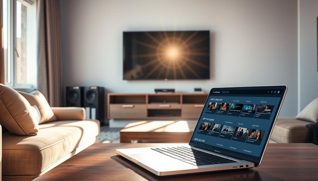 A serene living room with a large flat-screen TV mounted on the wall. Sunlight streams in through the window, casting a warm glow on the space. On the coffee table, an open laptop displays a web page showcasing a curated selection of free IPTV service lists. The room exudes a sense of relaxation and ease, inviting the viewer to explore the available IPTV options. The scene conveys the idea of a user-friendly, accessible, and cost-effective way to access a wide range of streaming content.