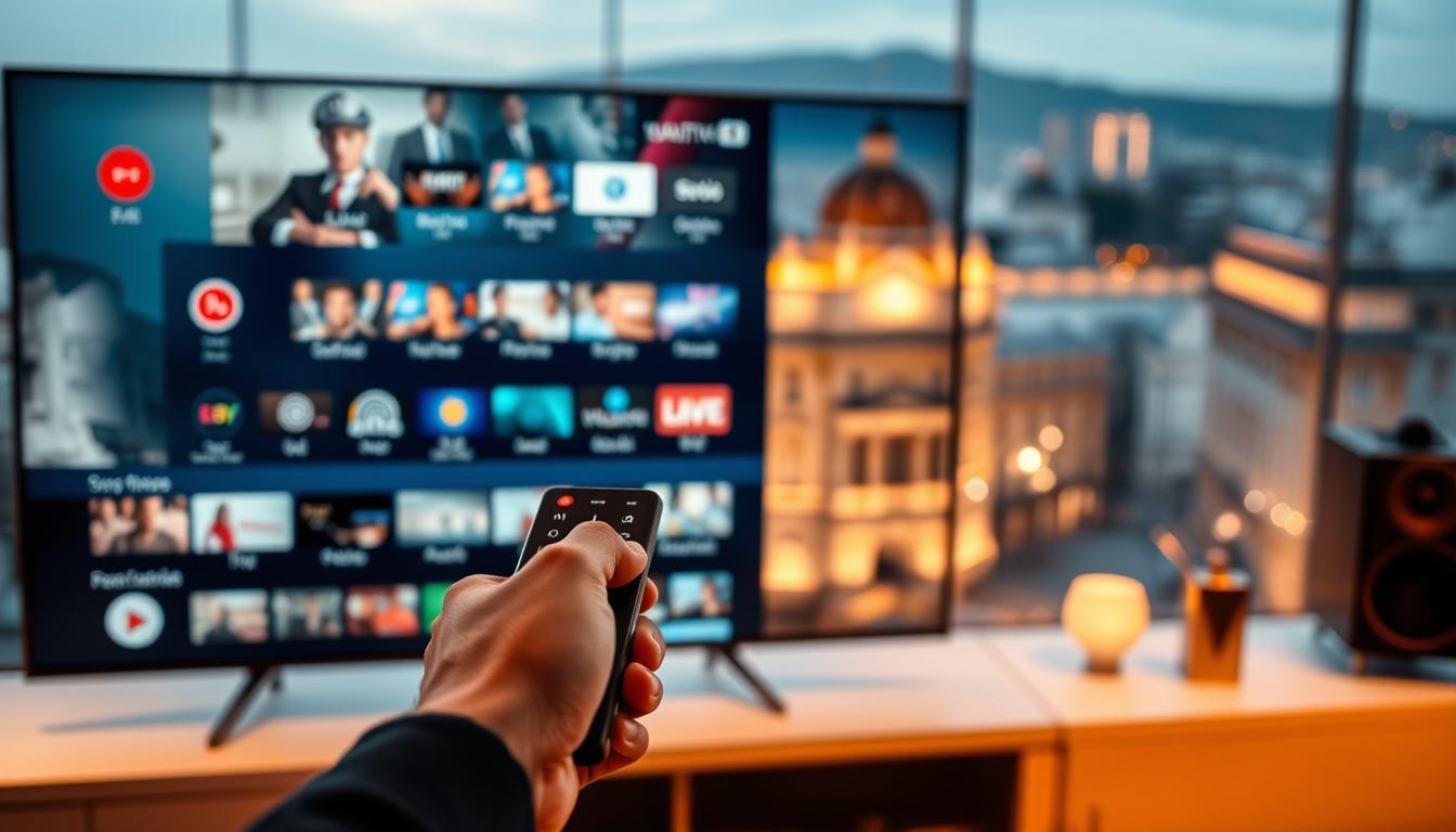 A high-quality, visually striking image of a premium IPTV service in Spain. The foreground features a sleek, modern smart TV interface displaying a wide range of live TV channels and on-demand content. The middle ground shows a person's hand holding a remote control, emphasizing the user experience. The background is a blurred cityscape of Madrid, conveying a sense of urban sophistication. Soft, warm lighting creates a premium, luxurious atmosphere. The image is captured with a shallow depth of field using a high-quality camera lens, drawing the viewer's attention to the key elements. The overall composition and aesthetic evoke a sense of exclusivity and technological sophistication associated with a premium IPTV service in Spain.
