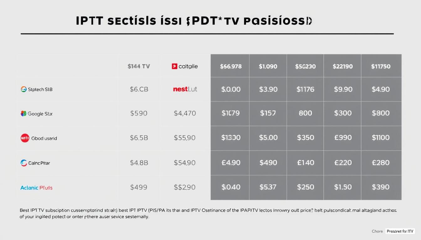 A detailed infographic showcasing a side-by-side comparison of IPTV subscription plans and their prices. The image should have a clean, modern design with a neutral color palette, featuring various IPTV service logos and pricing data presented in a clear, organized manner. The overall composition should convey a sense of professionalism and reliability, suitable for inclusion in a high-quality informative article about choosing the best IPTV service in Spain.