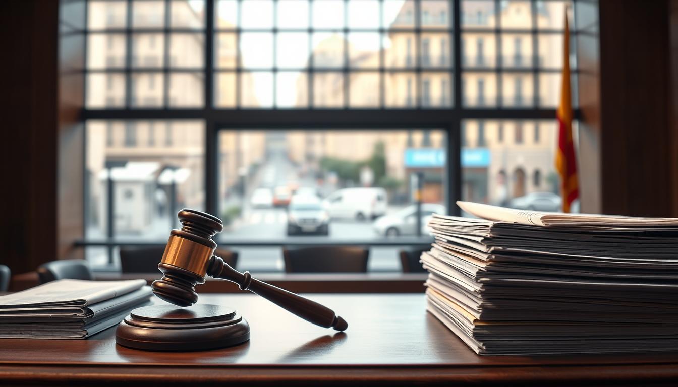 A courtroom interior with a wooden desk, gavel, and stacks of legal documents, illuminated by soft, warm lighting. In the background, a large window overlooking the bustling streets of a Spanish city. The atmosphere conveys a sense of authority and professionalism, reflecting the serious legal considerations surrounding the use of IPTV in Spain. The focus is on the desk, evoking the idea of a legal proceeding or discussion about the legality of IPTV services.