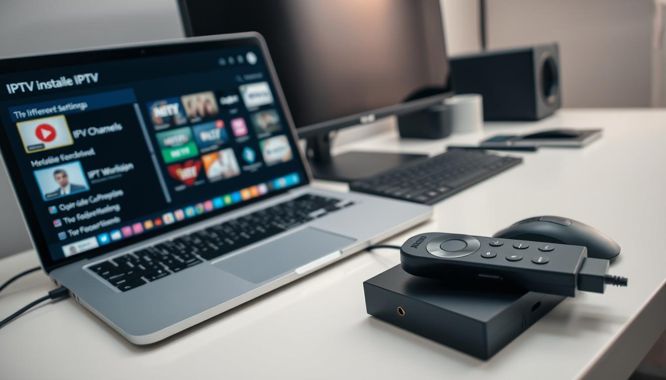 A well-lit, high-angle shot of a desk setup showcasing the process of IPTV installation. In the foreground, a laptop or tablet displays the IPTV provider's user interface, with various channel options and settings. On the desk, a compact media streaming device, such as a Roku or Amazon Fire TV Stick, is neatly positioned, its cables running discreetly to the laptop and a nearby power outlet. The middle ground features a modern, minimalist desk setup with a sleek monitor, a wireless keyboard and mouse, and a few organizational accessories. The background is blurred, creating a sense of depth and focus on the IPTV installation process. The overall scene conveys a clean, organized, and tech-savvy atmosphere, reflecting the subject of setting up a high-quality IPTV service.