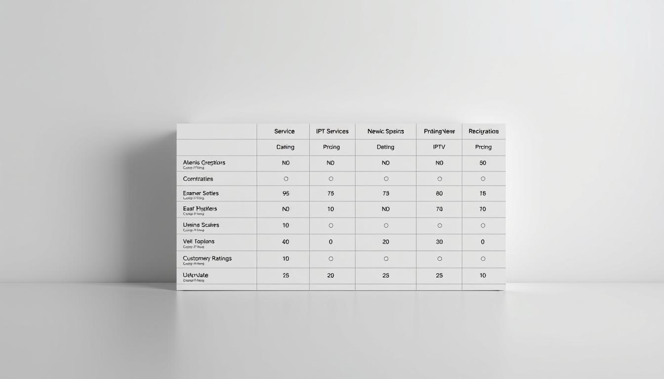 A clean, minimalist table showcasing a comparison of popular IPTV service providers, set against a sleek, monochromatic background. The table features crisp, well-organized data on service details, pricing, and customer ratings, presented in a clear and easy-to-digest format. The overall aesthetic conveys a sense of professionalism and authority, complementing the informative nature of the content. Subtle lighting casts a soft, uniform glow, creating a sense of sophistication and attention to detail. The camera angle is positioned to provide an optimal, unobstructed view of the table, allowing the viewer to easily parse the comparative information.