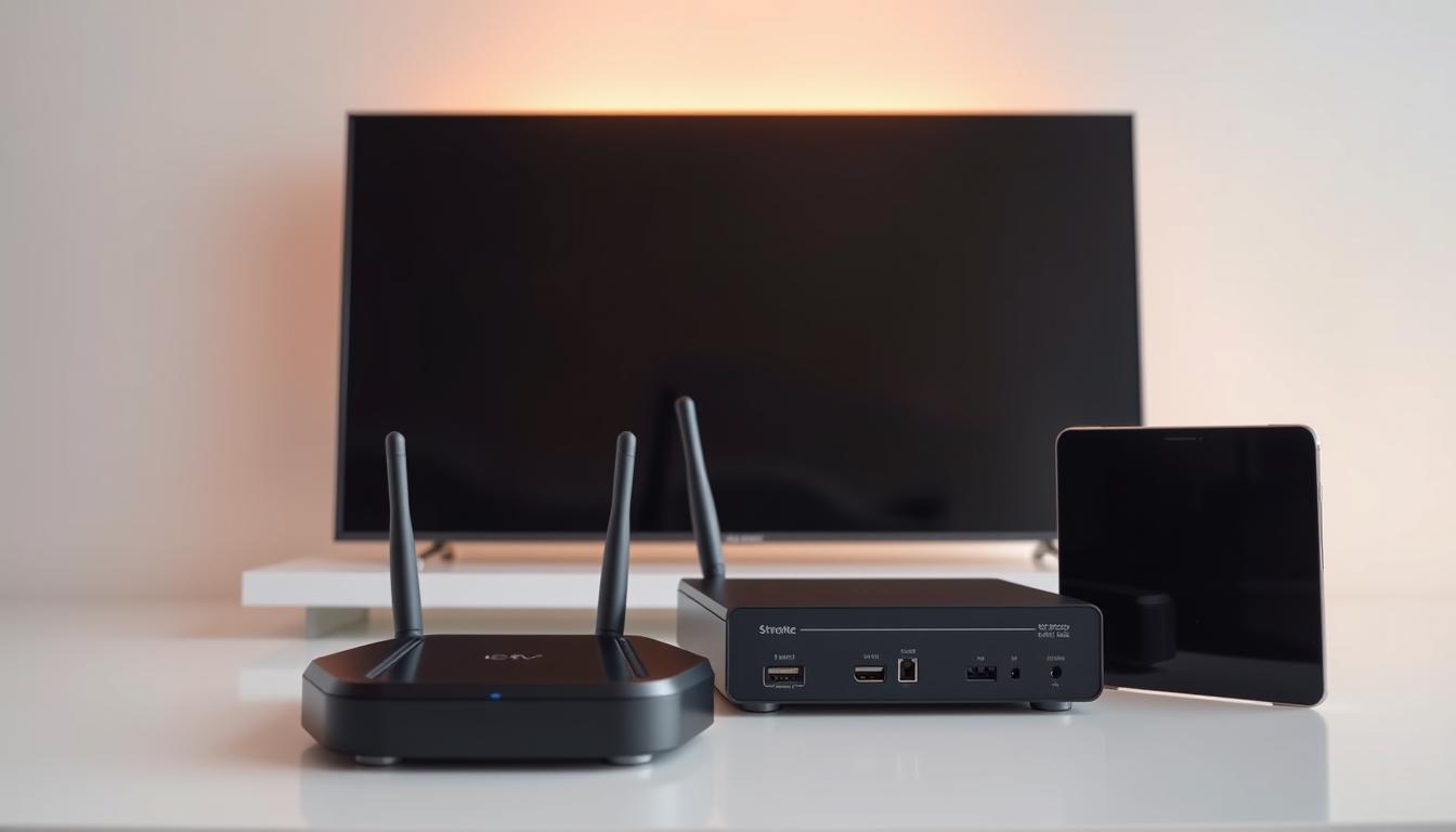A sophisticated and high-tech arrangement of IPTV compatible devices, including a smart TV, a set-top box, a wireless router, and a mobile device, all seamlessly integrated and ready to deliver a premium streaming experience. The devices are neatly displayed against a sleek, minimalist background, with clean lines and a neutral color palette to emphasize their modern and functional design. Soft, diffused lighting from above casts a warm glow, highlighting the various ports, buttons, and interfaces, showcasing the technical capabilities of these compatible IPTV components.
