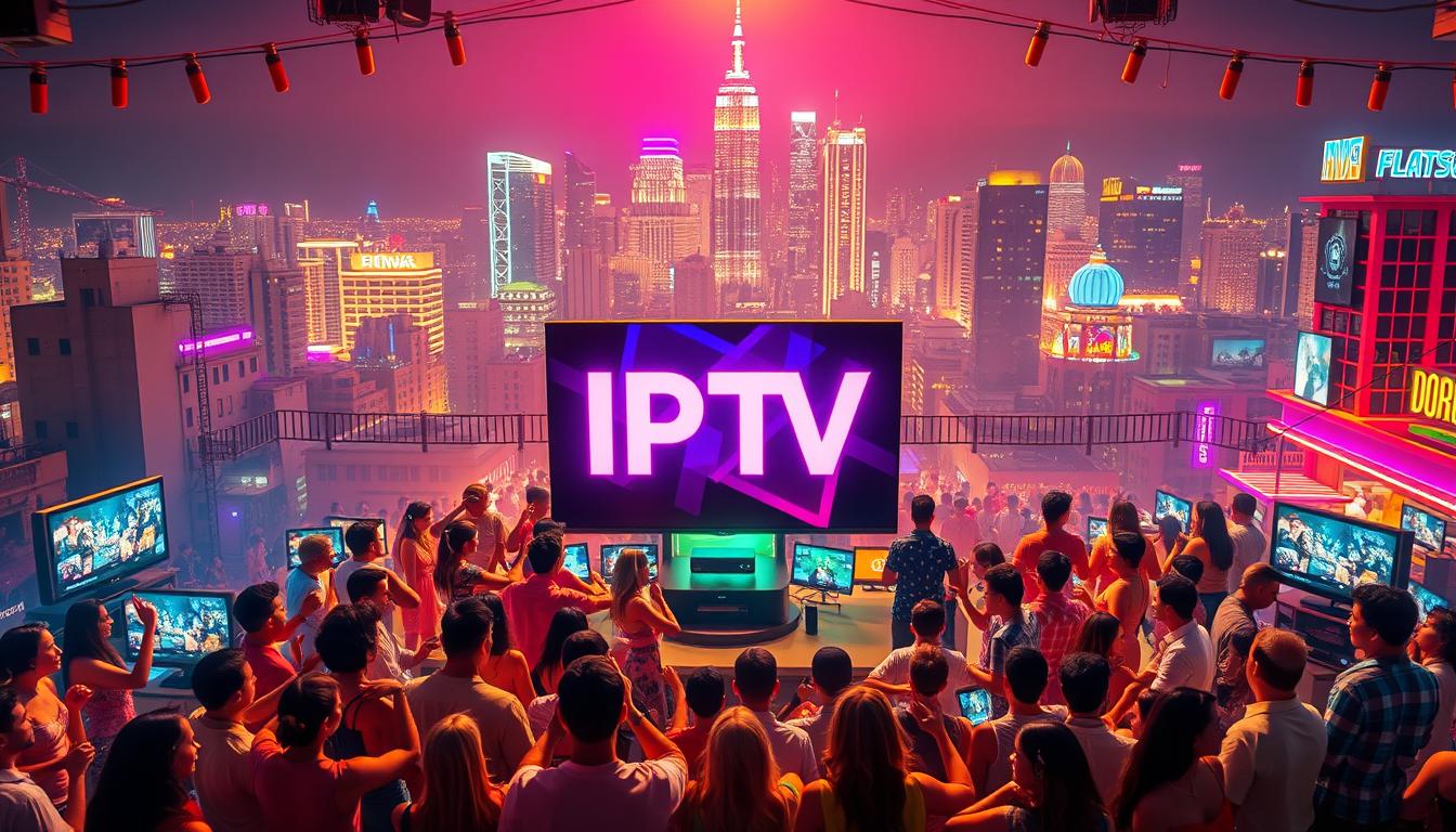 A vibrant, colorful fiesta scene with an IPTV theme. In the foreground, a lively group of people gathered around a large IPTV logo, dancing and celebrating. The middle ground features an array of smart TV devices, streaming boxes, and digital antennas, all connected and transmitting various content. In the background, a vibrant, neon-lit cityscape with skyscrapers and bustling activity. The lighting is warm and inviting, with a hint of energetic nightlife. The overall mood is one of excitement, technology, and the freedom of unlimited entertainment.
