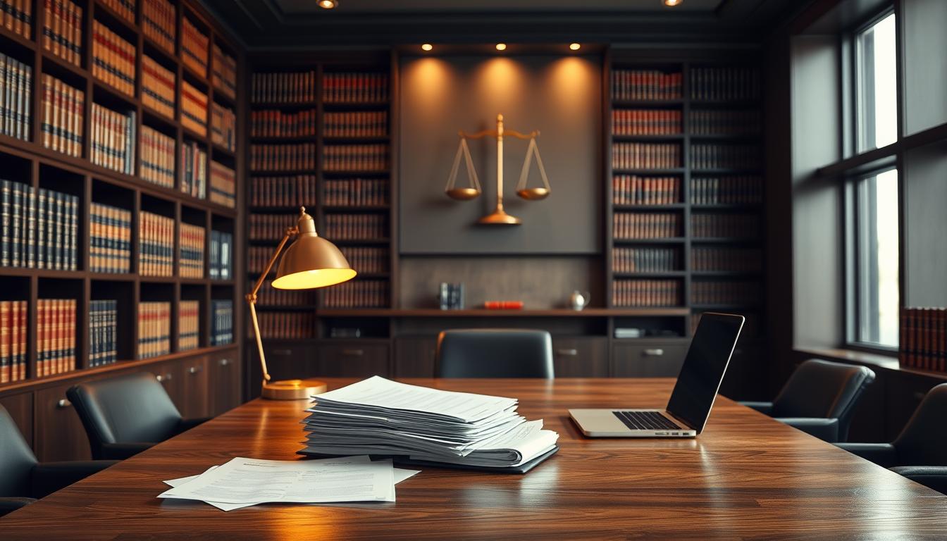A modern law office interior with a professional, authoritative atmosphere. The foreground features a large wooden desk with a stack of legal documents, a laptop, and a brass desk lamp casting warm light. The middle ground shows floor-to-ceiling bookshelves lining the walls, filled with leather-bound volumes. The background depicts a wall-mounted display showcasing the scales of justice, symbolizing the legal system. The lighting is a mix of natural daylight filtering through tall windows and subtle ambient lighting, creating a contemplative, serious mood. The overall composition conveys the weighty, complex nature of legal aspects surrounding IPTV usage in Spain.