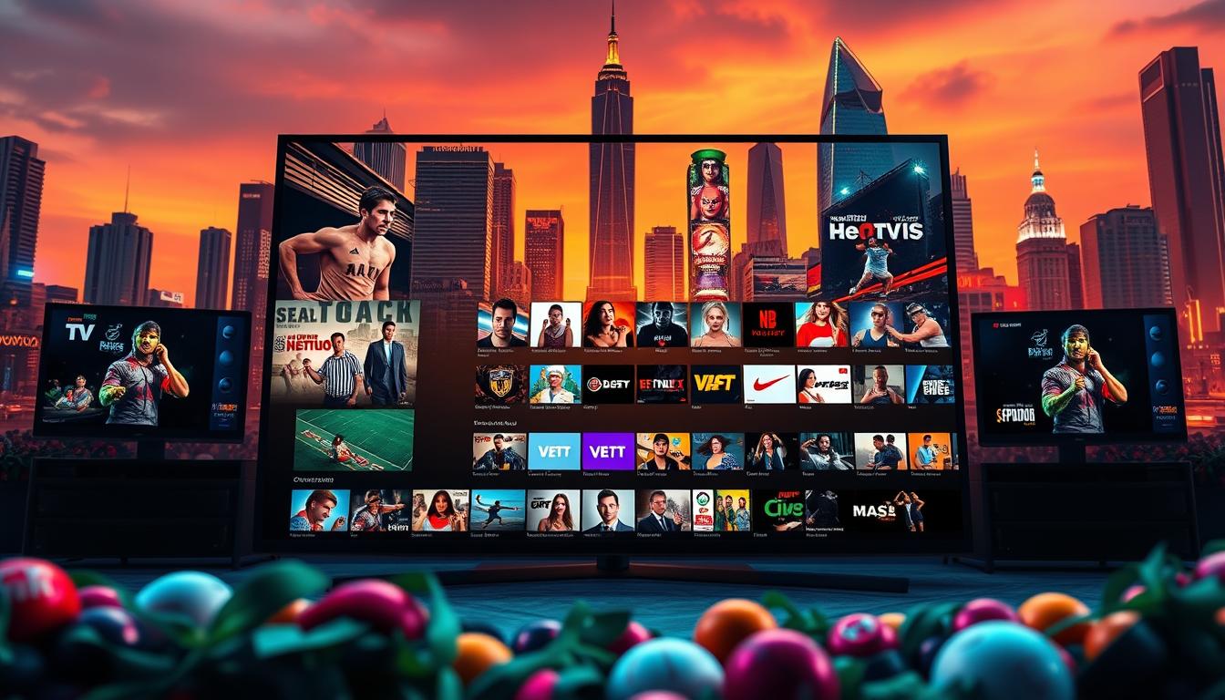 A vibrant, high-definition image showcasing the "IPTV Fiesta" concept. In the foreground, a diverse array of digital entertainment options are prominently displayed, including various genres of TV shows, movies, live sports, and more. The middle ground features a sleek, modern user interface with intuitive navigation, highlighting the expansive content library. In the background, a dynamic cityscape with skyscrapers and neon lights sets the tone of a bustling, connected urban environment. The scene is illuminated by warm, cinematic lighting that enhances the premium quality and immersive nature of the IPTV experience. The overall composition conveys a sense of excitement, variety, and seamless accessibility to a vast world of digital entertainment.