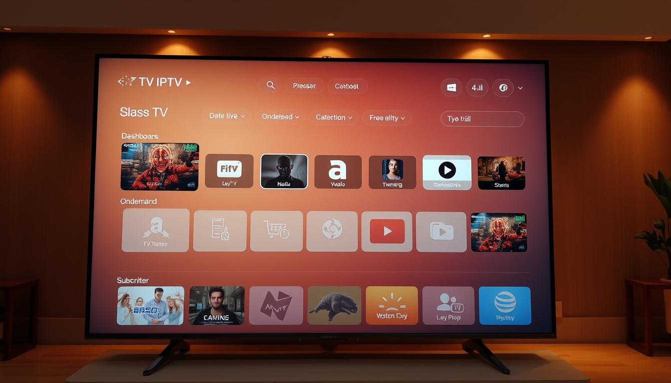 An elegant and modern IPTV portal interface, featuring a sleek dashboard with intuitive controls for accessing live TV channels, on-demand content, and subscription management. The portal is displayed on a large, high-resolution screen, with a warm, inviting color palette and subtle lighting effects that create a premium, user-friendly experience. The layout is clean and well-organized, with clear categories and easy navigation, allowing the user to quickly find and stream their desired content. The overall design conveys a sense of professionalism and reliability, perfectly suited for a free trial of an IPTV service.
