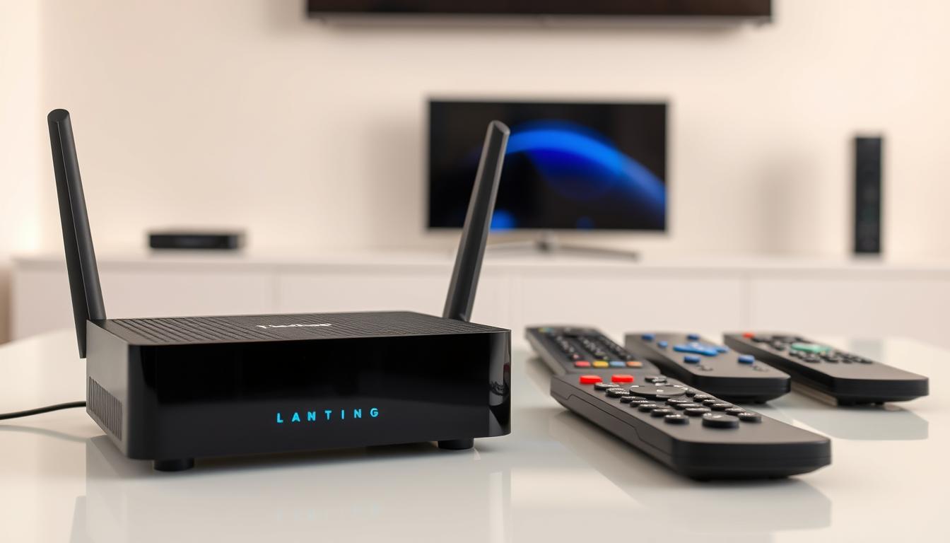 A sleek, modern setup for a versatile IPTV system. In the foreground, a high-end streaming device, its clean lines and minimalist design radiating a sense of technological sophistication. Beside it, a compact wireless router, its pulsing LED lights hinting at the seamless connectivity it provides. In the middle ground, an array of remote controls, each with its own distinct function, reflecting the flexibility of the IPTV setup. The background is a neutral, well-lit space, emphasizing the modern, streamlined aesthetic and the ease of integration with various home entertainment systems. The overall scene conveys a sense of effortless control and the freedom to enjoy a wide range of content on multiple devices.