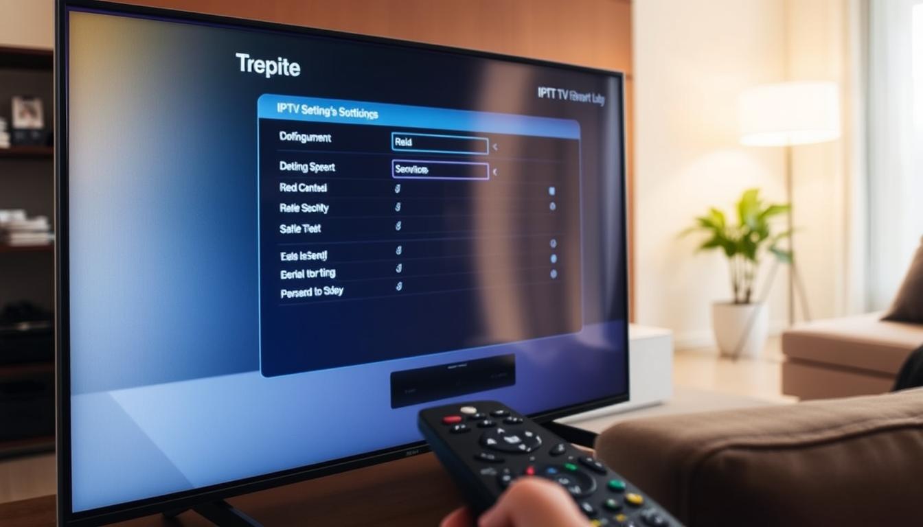 Detailed configuration of a smart TV interface for IPTV setup. In the foreground, a smart TV screen displays a sleek and intuitive IPTV settings menu, with various options and configurations visible. The middle ground features a remote control, highlighting the ease of navigating the IPTV system. The background showcases a modern, minimalist living room setting, emphasizing the seamless integration of IPTV technology into the home environment. The lighting is warm and inviting, creating a comfortable atmosphere for the IPTV setup process. The overall composition conveys a sense of simplicity and user-friendliness, reflecting the step-by-step guide for configuring BC-IPTV on a smart TV.