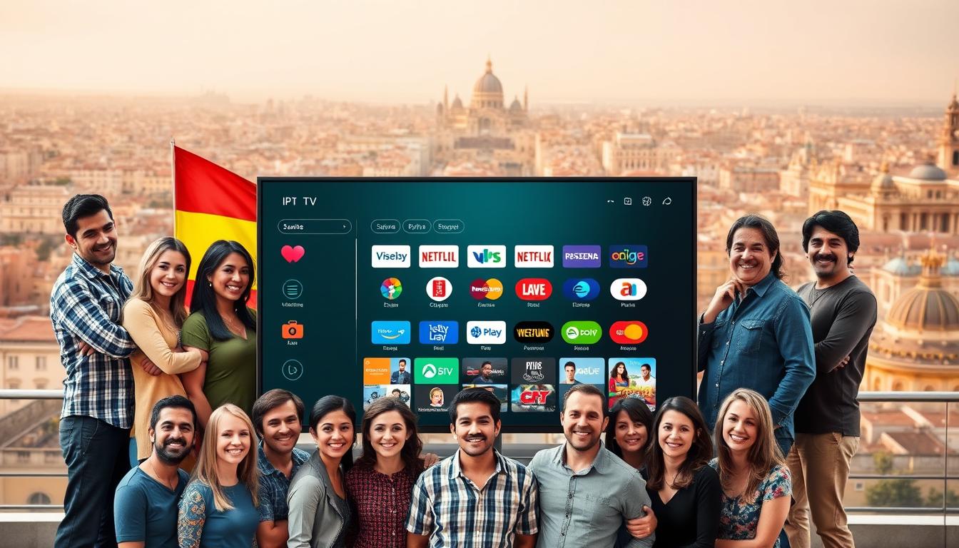A vibrant and informative image showcasing "proveedores iptv españa". In the foreground, a group of smiling people, representing diverse IPTV providers, stand proudly against a backdrop of the Spanish flag. The middle ground features a sleek, modern IPTV interface, showcasing a wide range of entertainment options. In the background, a cityscape of Spain's iconic architecture, bathed in warm, golden lighting, creating a sense of energy and opportunity. The overall composition conveys the accessibility, variety, and excitement of IPTV services in Spain, perfectly complementing the "Guía paso a paso para conseguir tu prueba de IPTV48 horas" section.