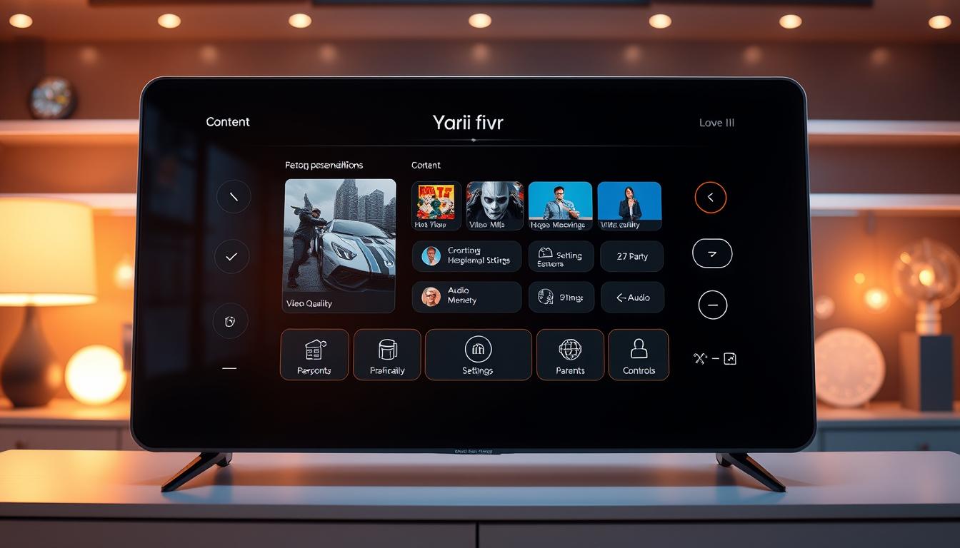 A futuristic IPTV control panel with a sleek, customizable interface. A central display showcases personalized content recommendations, alongside intuitive widgets for adjusting video quality, audio settings, and parental controls. The panel is bathed in a soft, warm glow, creating a cozy, high-tech atmosphere. In the background, subtle holographic elements and ambient lighting subtly suggest the cutting-edge nature of the technology. The overall impression is one of a highly personalized, user-centric television experience that seamlessly blends form and function.