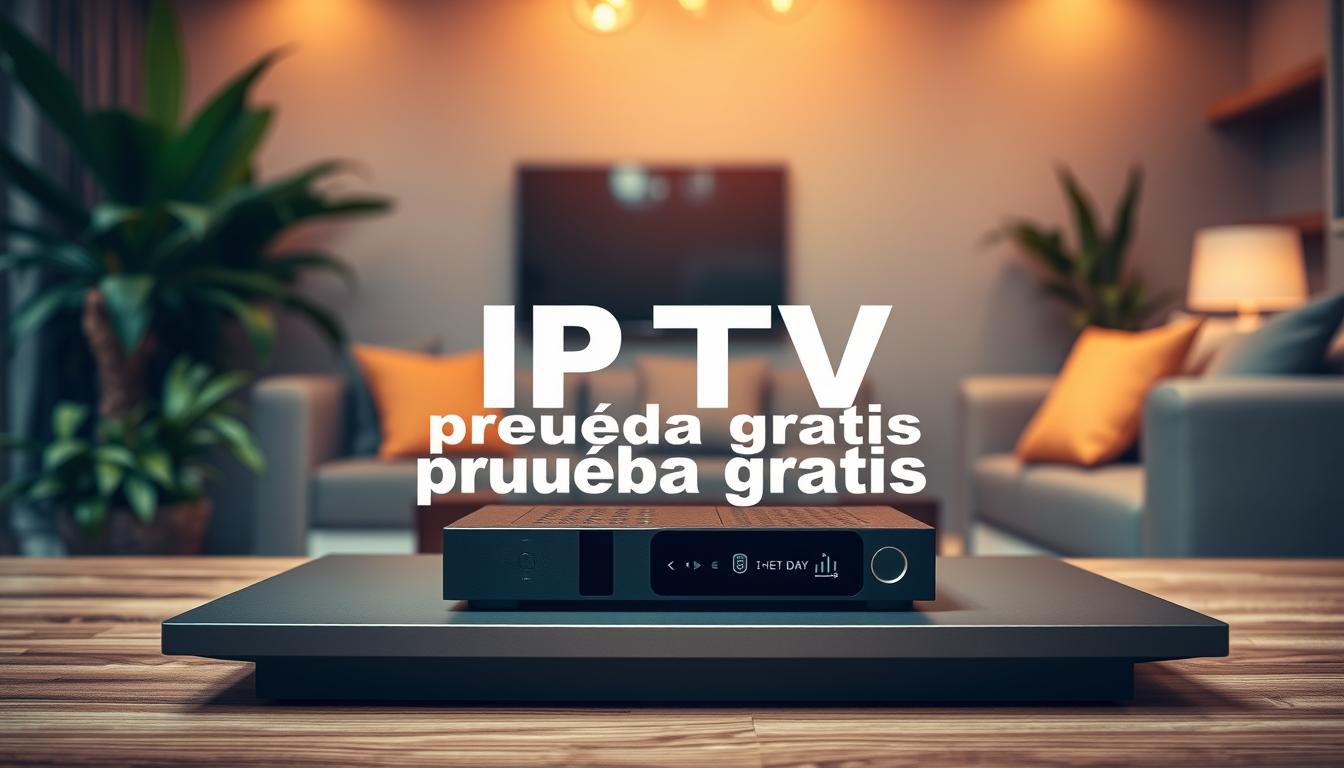 A vibrant and inviting image of a digital streaming device, prominently displaying the text "IPTV prueba gratis" against a backdrop of a modern living room. The device is positioned on a sleek, minimalist wooden table, surrounded by lush greenery and warm lighting that creates a cozy, welcoming atmosphere. The composition emphasizes the simplicity and accessibility of the IPTV free trial, inviting the viewer to explore the offer. The image is captured with a shallow depth of field, drawing the eye towards the central device and highlighting its importance within the scene.