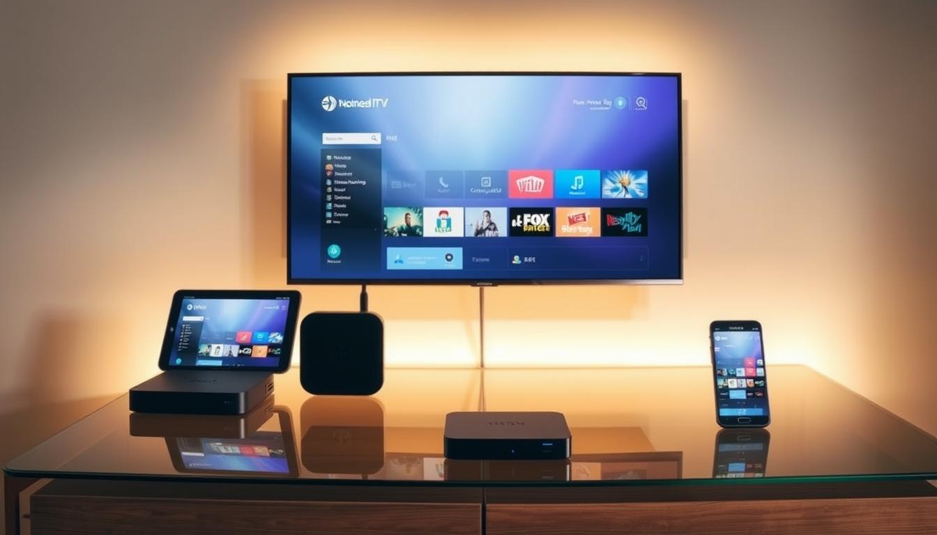 A sleek and modern IPTV setup on a minimalist wood-and-glass entertainment center, showcasing multiple devices seamlessly connected and streaming high-quality content. A flatscreen TV is the centerpiece, flanked by a streaming box, tablet, and smartphone, all displaying the same IPTV interface. Soft, warm lighting illuminates the scene, creating a cozy and inviting atmosphere. The arrangement conveys the convenience and flexibility of a multi-device IPTV system, perfect for a variety of user needs and preferences.