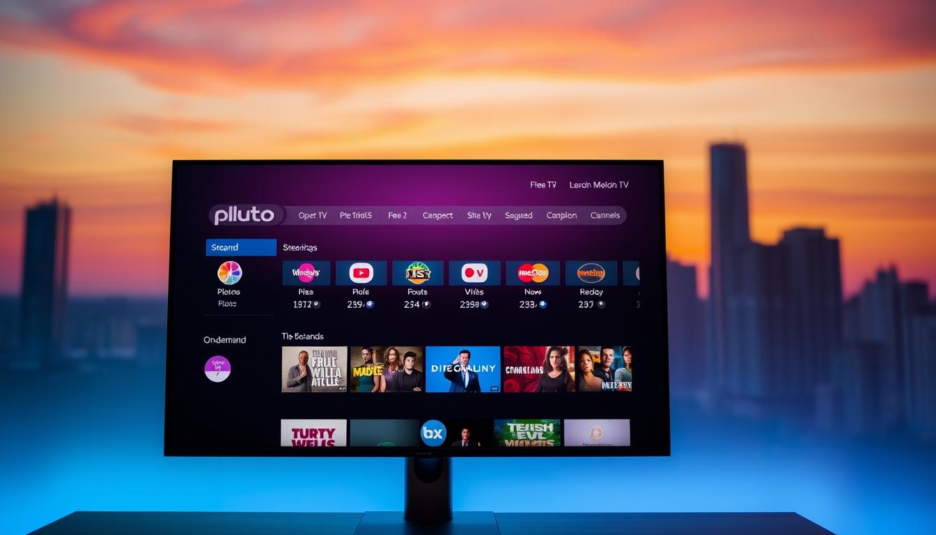 A sleek, modern television screen displaying the Pluto TV interface, showcasing a curated selection of live streaming channels and on-demand content. The screen is illuminated by a warm, soft lighting, creating a cozy and inviting atmosphere. In the background, a blurred cityscape with tall buildings and a vibrant sunset sky provides a subtle urban backdrop, hinting at the global reach and accessibility of IPTV streaming services. The overall composition conveys the convenience, simplicity, and entertainment value of Pluto TV's free streaming platform.