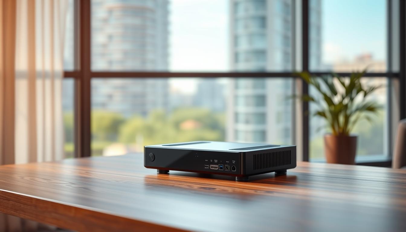A sleek and modern IPTV box standing on a minimalist wooden table, its clean lines and glossy surface reflecting the soft, warm lighting from a large window nearby. The box features prominent ventilation grilles and multiple connectivity ports, hinting at its powerful hardware capabilities. The background is a serene, blurred urban landscape, suggesting the box's role in bringing a world of digital entertainment into the user's living space. The overall composition exudes a sense of sophistication and technological prowess, perfectly suited to illustrate the "Necessary equipment to get started with IPTV" section of the article.