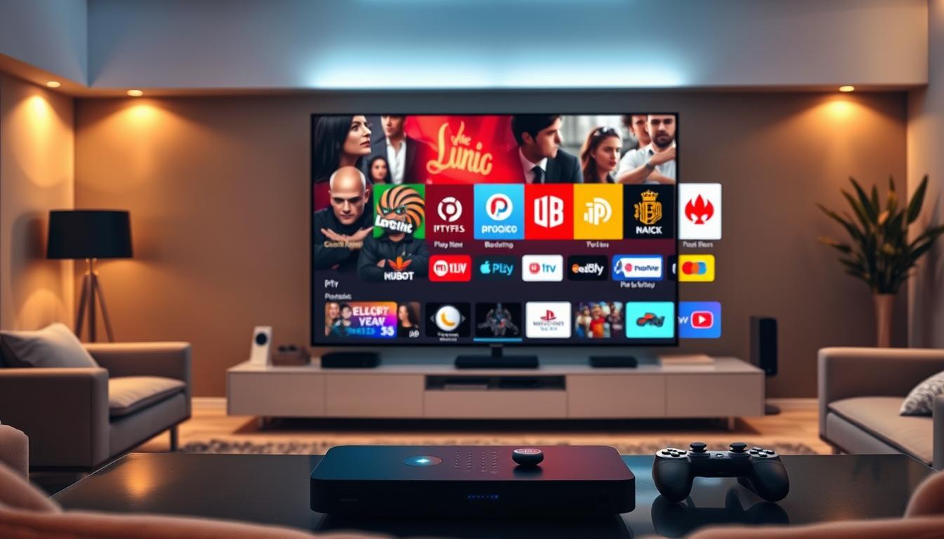 A sleek, modern digital living room with a large flatscreen TV displaying a vibrant IPTV user interface. In the foreground, a set of popular IPTV apps are neatly arranged, their colorful icons and logos inviting exploration. The middle ground features a modern entertainment system with various streaming devices, remotes, and gaming controllers, all seamlessly integrated. The background showcases a warm, cozy ambiance with soft lighting, plush furniture, and subtle decorative accents, creating a welcoming and immersive atmosphere for enjoying boundless IPTV entertainment.